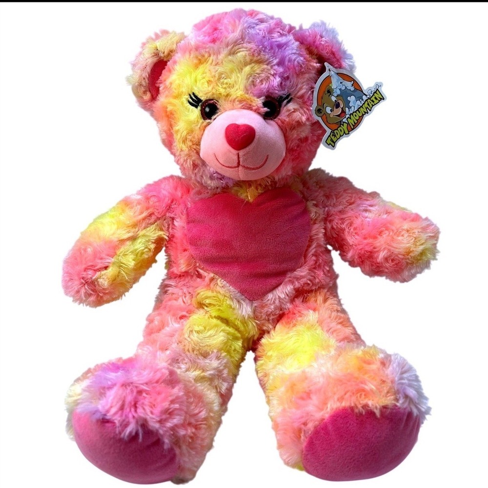 Teddy Mountain Shortcake the Bear 16" Pink Yellow Tie Dye‎ Heart Plush 0565 NWT
